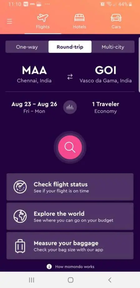 Momondo app for booking travel in India