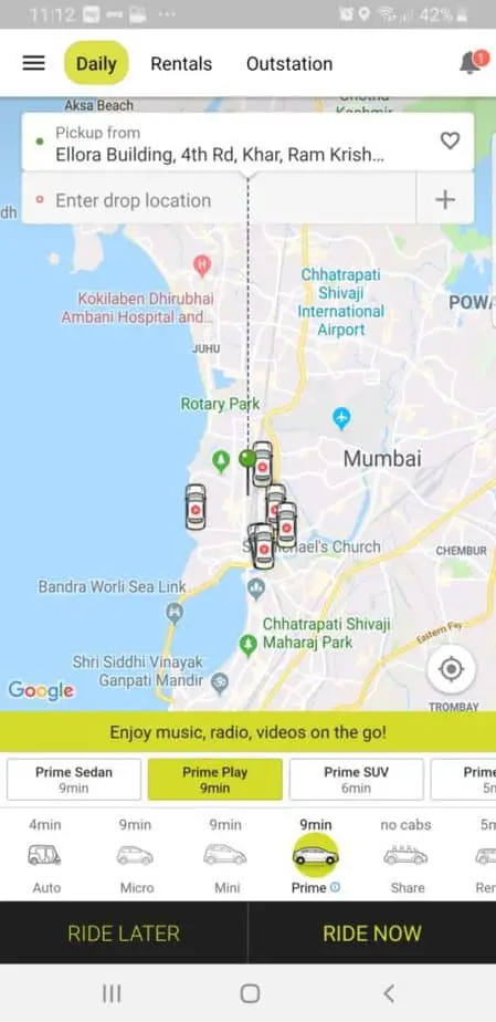 Ola Cabs app for booking travel in India