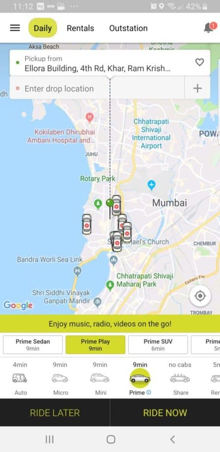 Ola Cabs app for booking travel in India