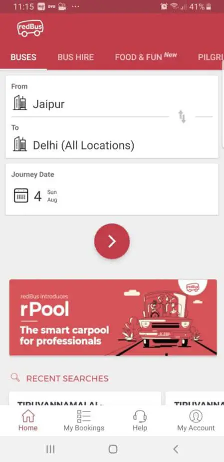 RedBus app for booking travel in India