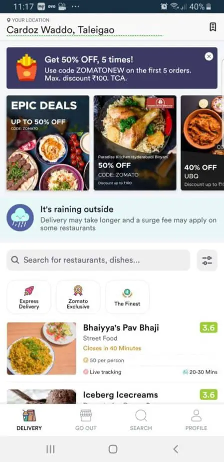 Zomato app for booking travel in India