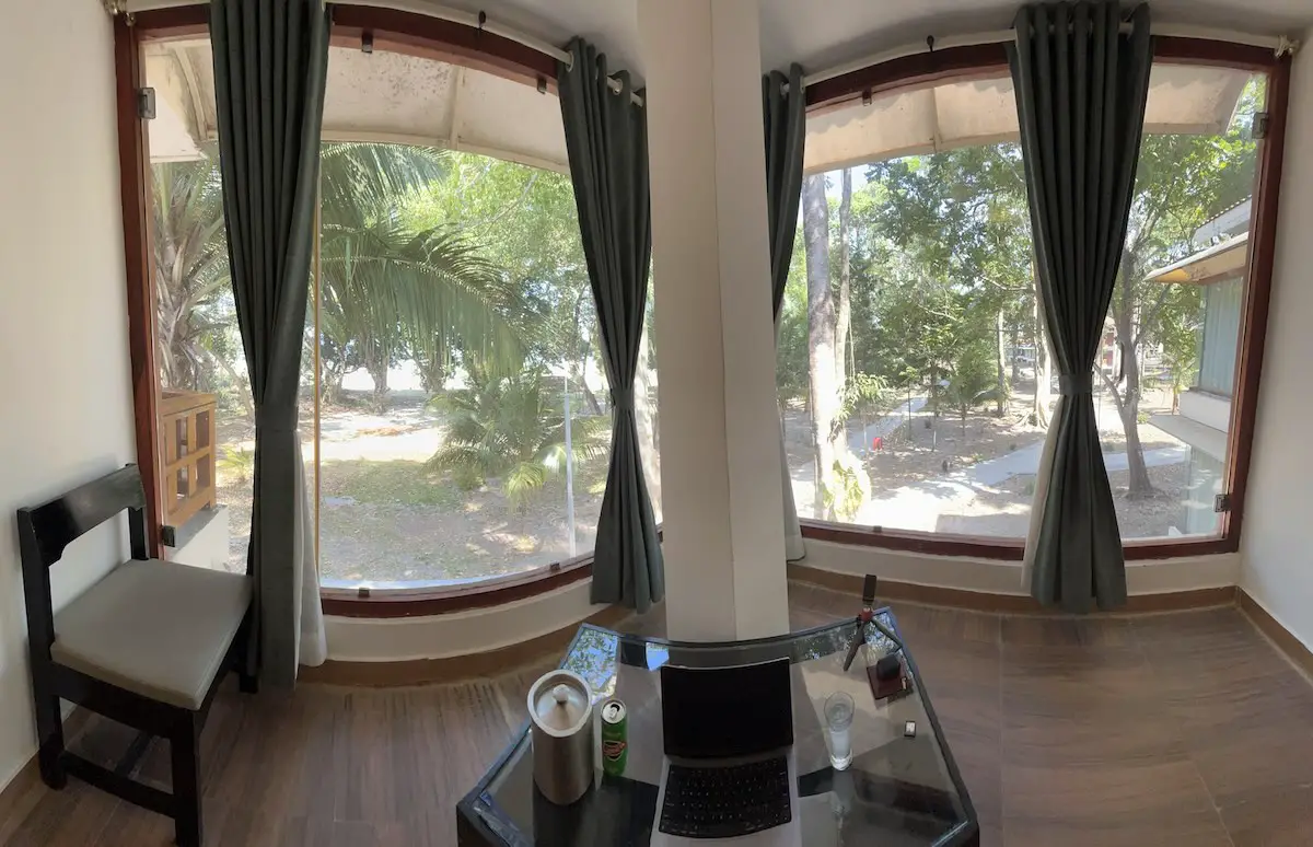 Panoramic photo of room at Dolphin Resort looking towards beach on Havelock Island taken by Ben Jenks