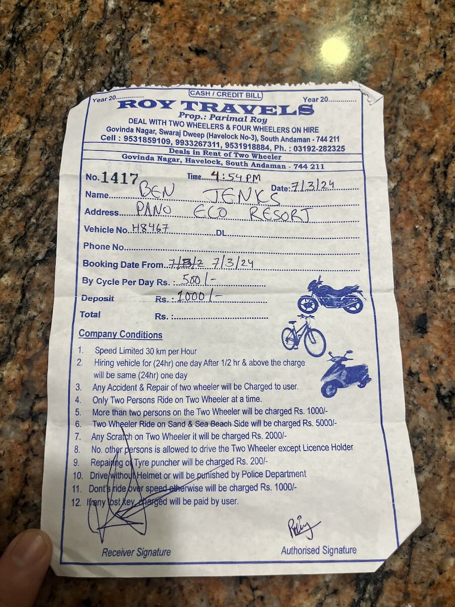Receipt for scooty on Havelock Island taken by Ben Jenks