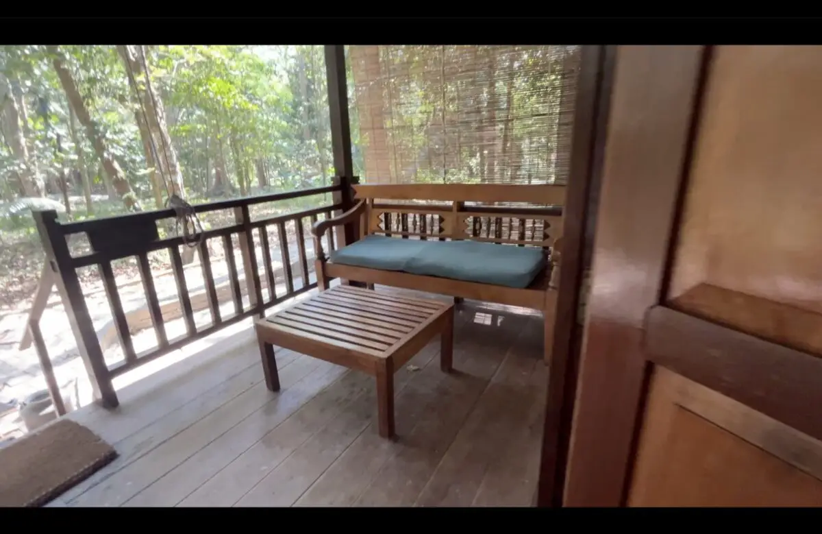 Barefoot at Havelock cabin with porch and chairs in forest
